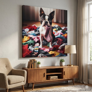 Funny Boston Terrier Sock Thief Faux Canvas Print