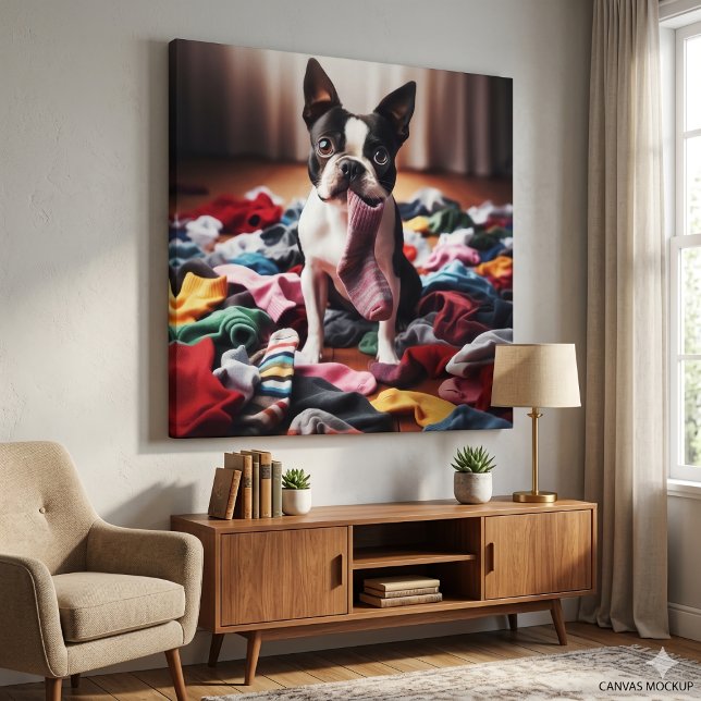 Funny Boston Terrier Sock Thief Faux Canvas Print (Creator Uploaded)