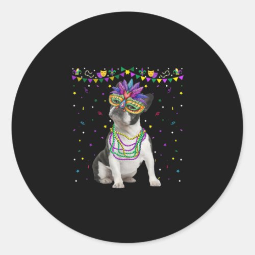 Funny Boston Terrier Wearing Carnival Mask Mardi Classic Round Sticker