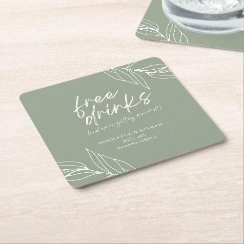 Funny Botanical Free Drinks Wedding Save The Date Square Paper Coaster