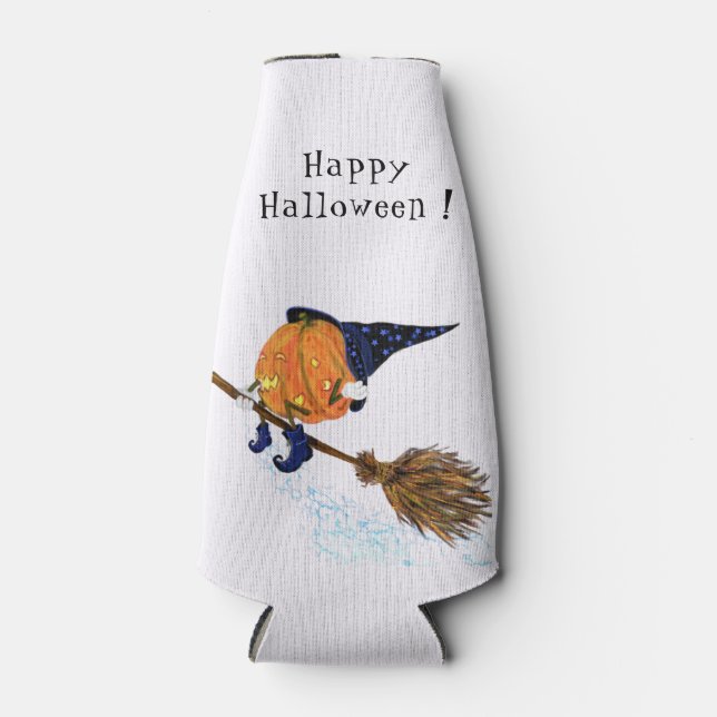 Funny Bottle Cooler Halloween Witch Pumpkin Flying (Front)