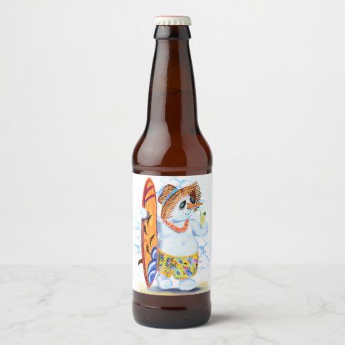 Funny Bottle Label with Summer Snowman Surfer