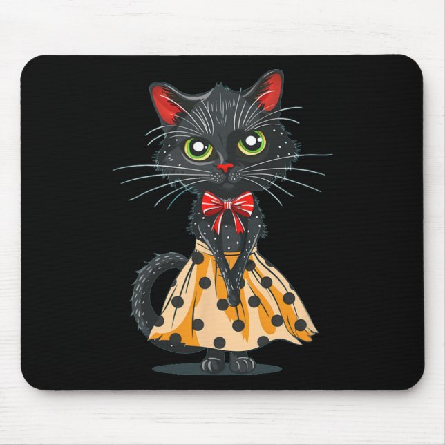 Funny Bow Cat In Polka Dot Dress  Mouse Pad (Front)