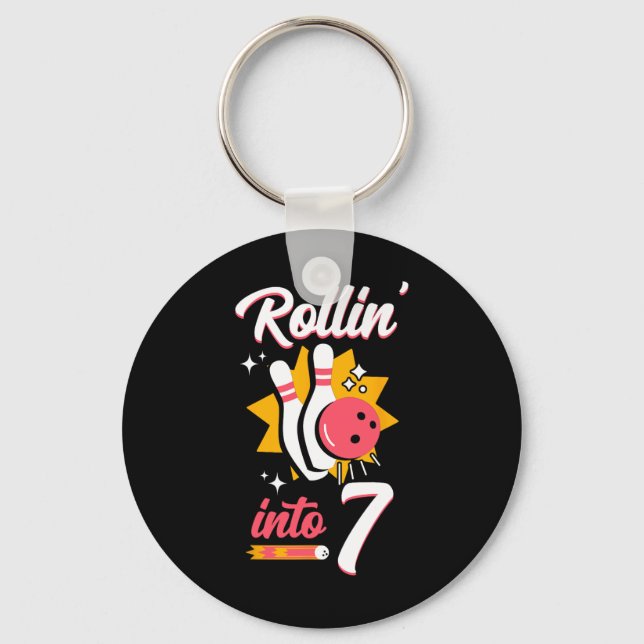 Funny Bowling 7th Birthday Rollin' Into 7  Keychain (Front)