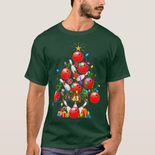 Funny Bowling Christmas Tree Xmas Lights Sport Men T_Shirt