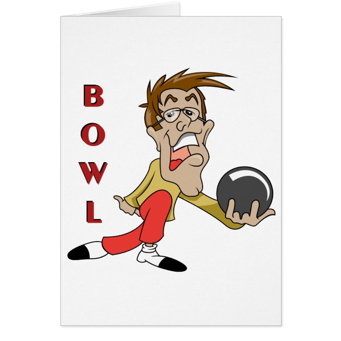 funny bowling man cartoon character greeting card