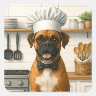 Funny Boxer Chef Dog At Kitchen For Home Cooks Square Sticker