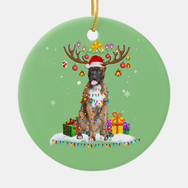 Funny Boxer Dog Christmas Tee Reindeer Christmas Ceramic Ornament (Front)
