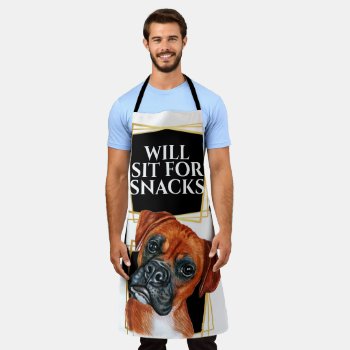 Funny Boxer Dog Sit For Snacks Watercolor Art Apron by petcherishedangels at Zazzle