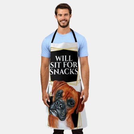 Funny Boxer Dog Sit For Snacks Watercolor Art Apron