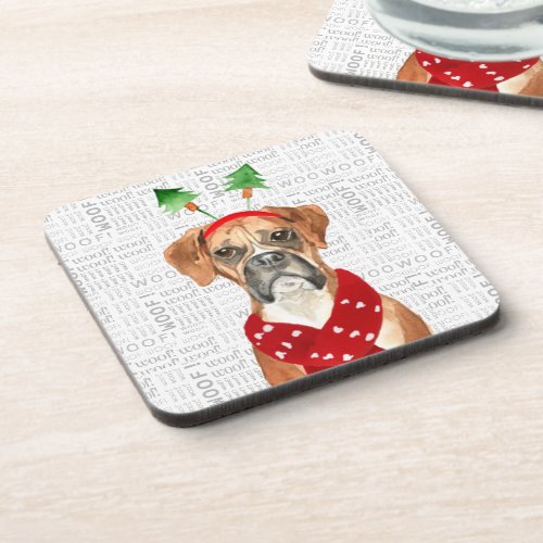 Funny Boxer Dog Woof Word Art Holiday Beverage Coaster