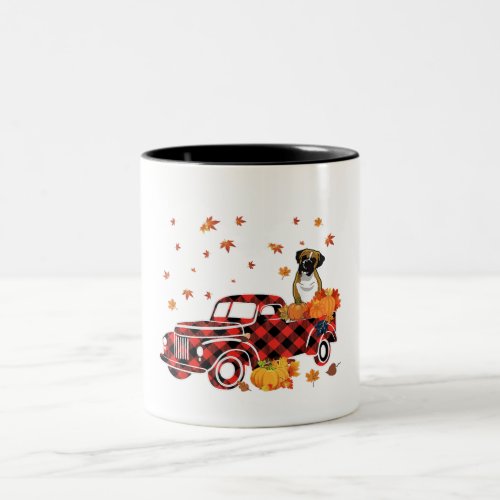 Funny Boxer Riding Plaid Truck Thanksgiving Gift Two_Tone Coffee Mug