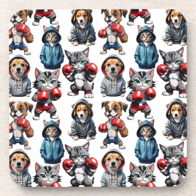 Funny Boxing Cat Dog Pattern Design  Beverage Coaster (Front)