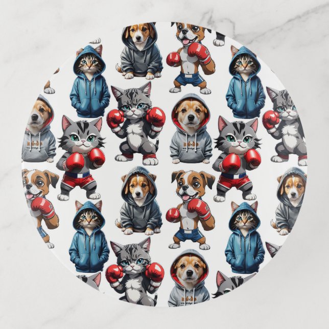 Funny Boxing Cat Dog Pattern Design  Trinket Tray (Front)