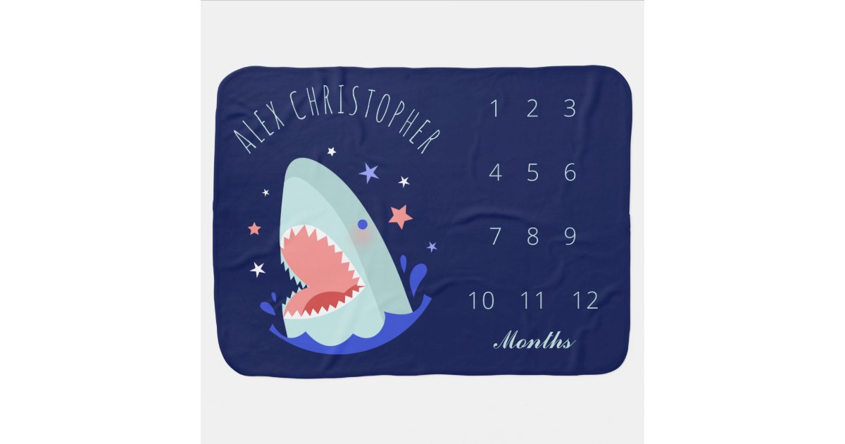 Funny Boy Shark & Stars Navy Blue Milestone Baby Blanket