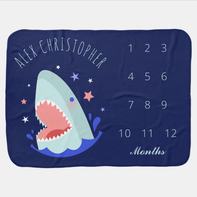 Funny Boy Shark & Stars Navy Blue Milestone     Baby Blanket (Horizontal)