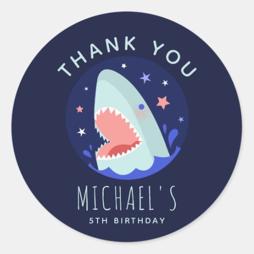 Funny Boy Shark Stars Thank You Birthday Party Classic Round Sticker