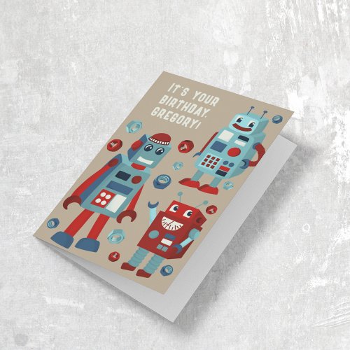 Funny Boys Birthday Card with Retro Robots