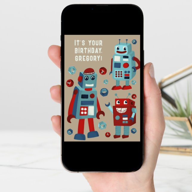 Funny Boys Birthday Card with Retro Robots (Front Digital)