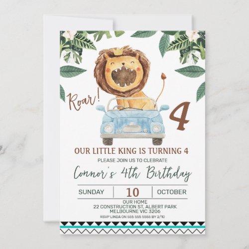 Funny Boys Roar Lion Crown King 4th Birthday Invitation