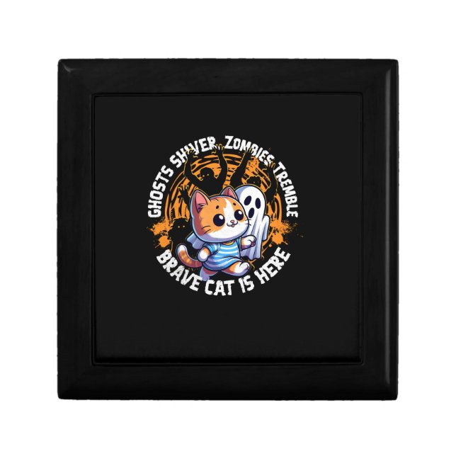 Funny Brave Cat Walking Scared Ghost Who Loves Hal Gift Box (Front)