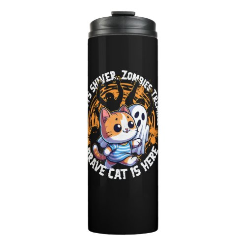 Funny Brave Cat Walking Scared Ghost Who Loves Hal Thermal Tumbler