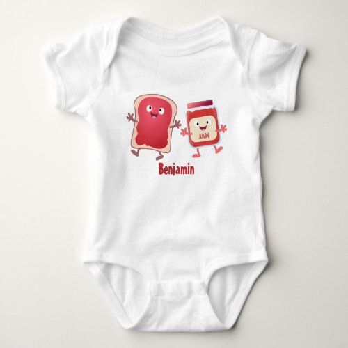 Funny bread and jam cartoon characters  baby bodysuit
