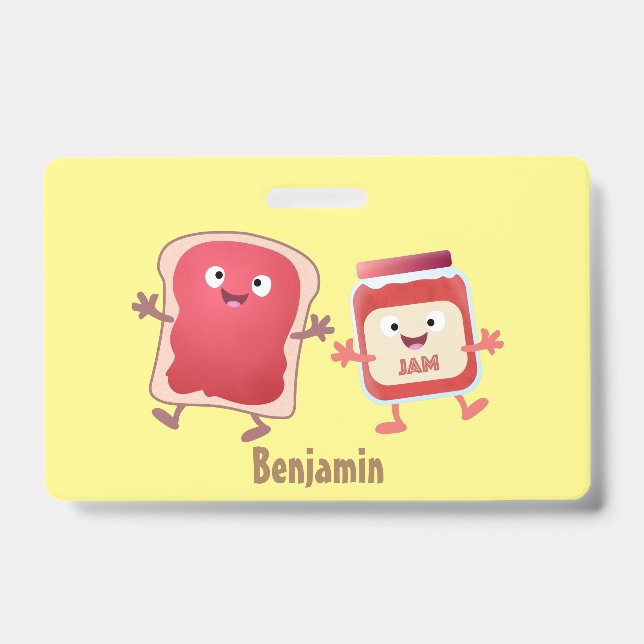 Funny bread and jam cartoon characters badge (Front)