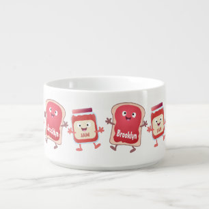 Funny bread and jam cartoon characters bowl