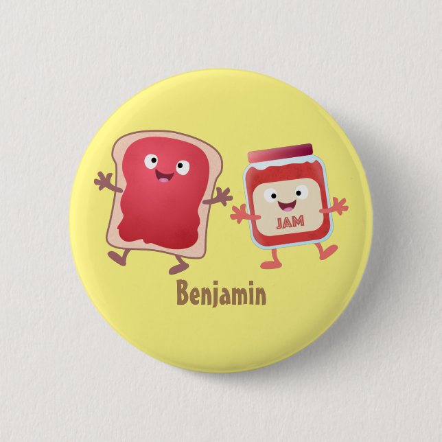 Funny bread and jam cartoon characters button (Front)