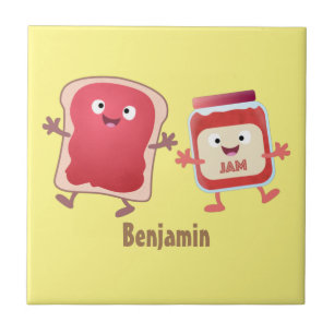 Funny bread and jam cartoon characters ceramic tile