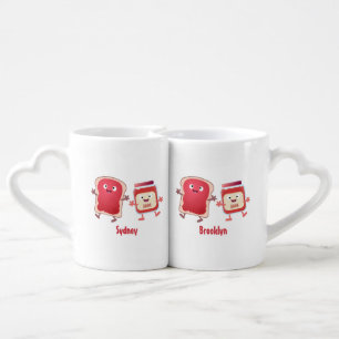Funny bread and jam cartoon characters coffee mug set