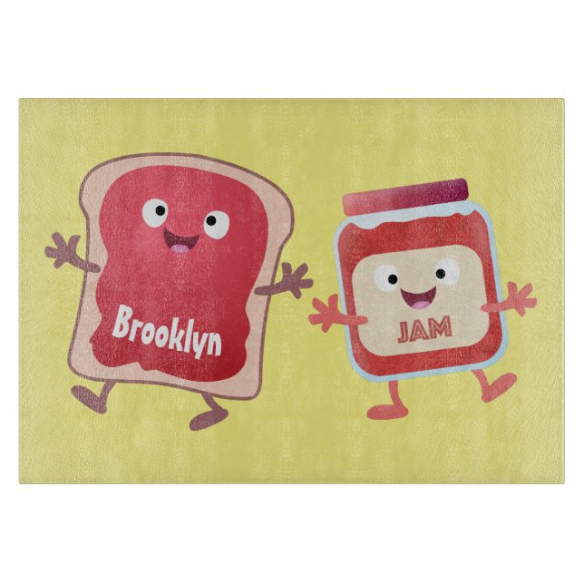 Funny bread and jam cartoon characters cutting board (Front)