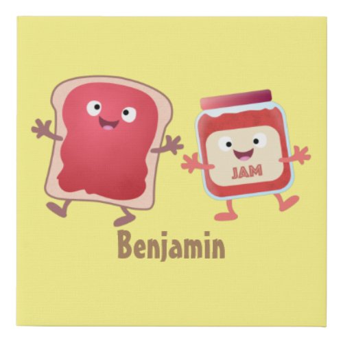 Funny bread and jam cartoon characters  faux canvas print