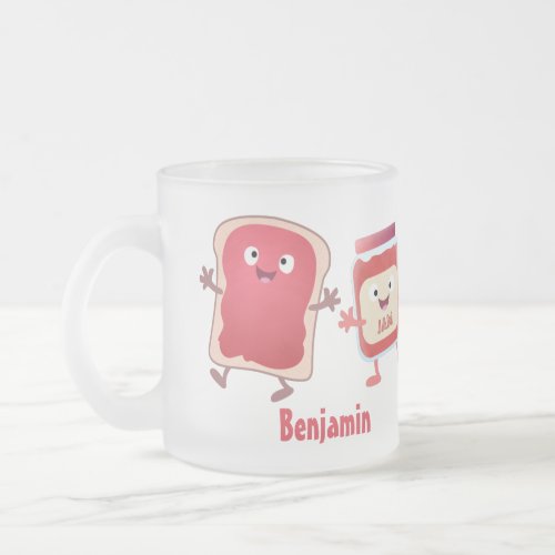 Funny bread and jam cartoon characters frosted glass coffee mug