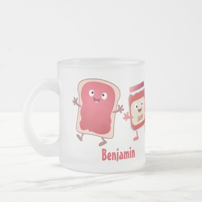 Funny bread and jam cartoon characters frosted glass coffee mug (Left)
