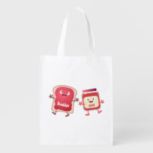 Funny bread and jam cartoon characters grocery bag