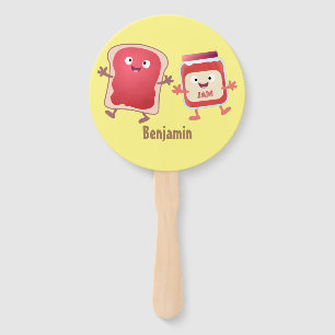 Funny bread and jam cartoon characters hand fan