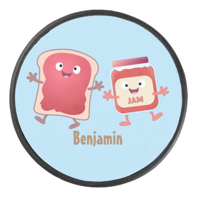 Funny bread and jam cartoon characters hockey puck (Front)