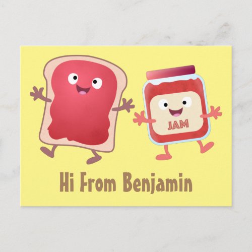 Funny bread and jam cartoon characters postcard