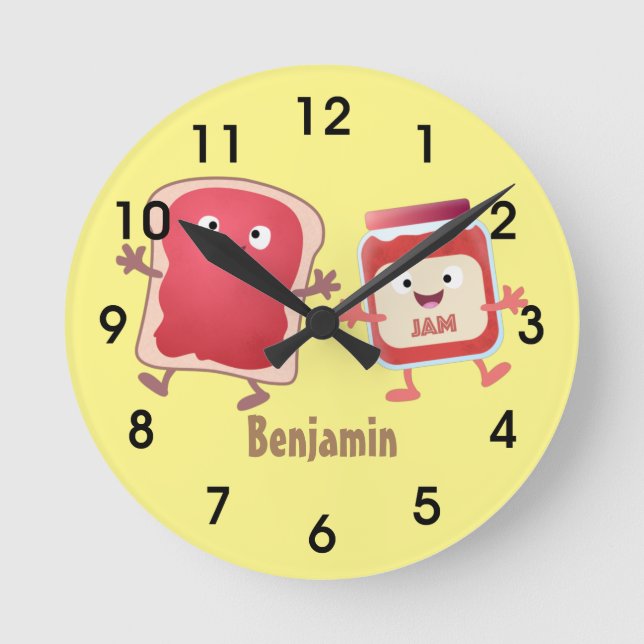 Funny bread and jam cartoon characters round clock (Front)