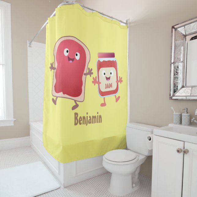 Funny bread and jam cartoon characters shower curtain (In Situ)