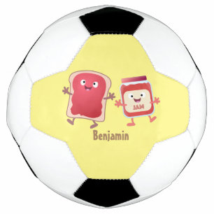 Funny bread and jam cartoon characters soccer ball