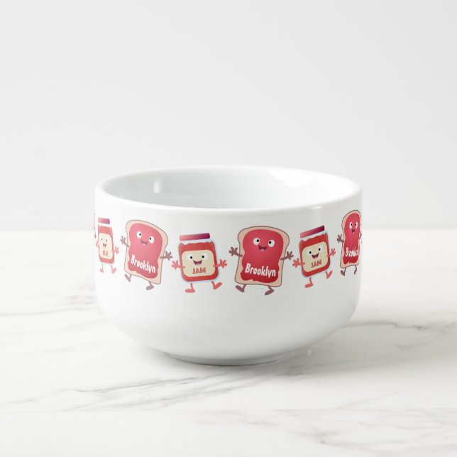 Funny bread and jam cartoon characters soup mug (Front)