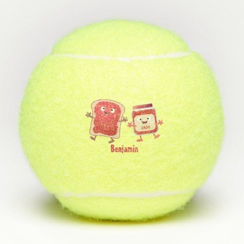 Funny bread and jam cartoon characters tennis balls