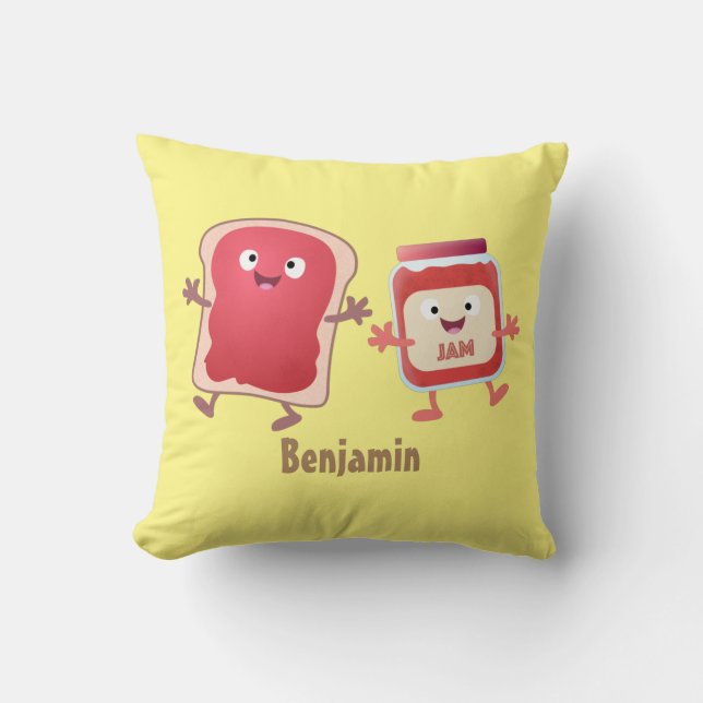 Funny bread and jam cartoon characters throw pillow (Front)