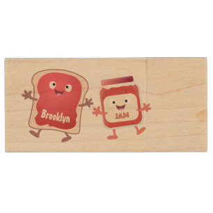 Funny bread and jam cartoon characters wood flash drive
