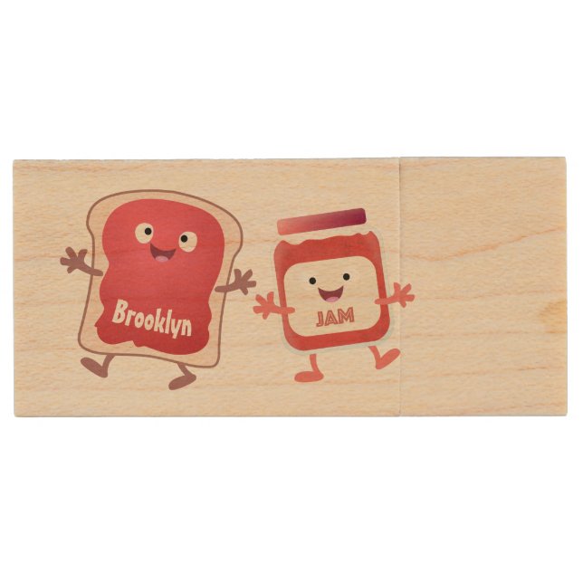 Funny bread and jam cartoon characters wood flash drive (Front)