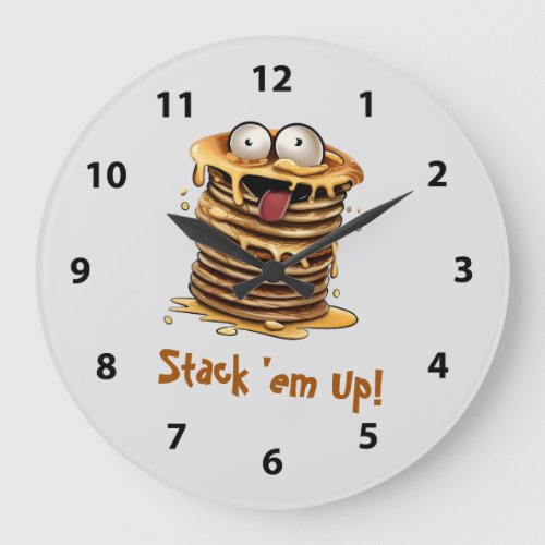 Funny Breakfast Pancake Cartoon Stack em Up Large Clock