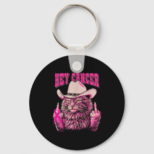 Funny Breast Cancer Awareness Western Pink Cat Wom Keychain